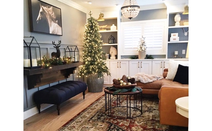 If your chairs, couches, and tables are starting to come apart, the holidays are a wonderful time to start anew. Family room with built-in shelving and plantation shutters.